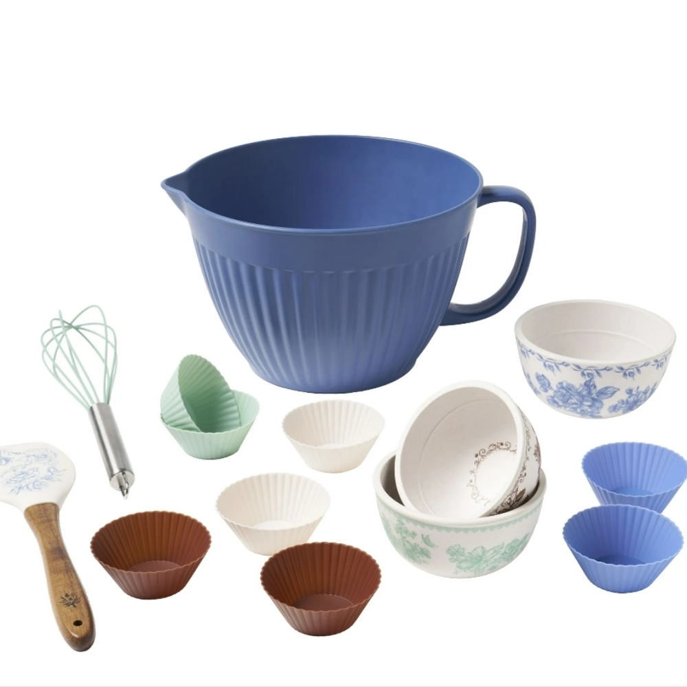 ❤️ New Pioneer Woman Delilah Blue Bamboo Melamine Batter Bowl Set
